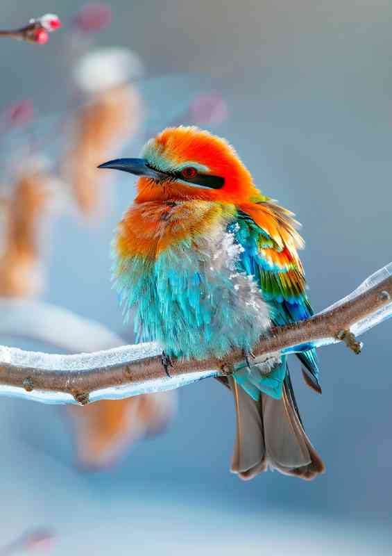Colourful bird on a icy branch in winter | Di-Bond