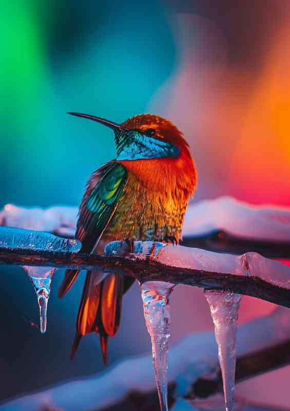 Colourful crystal bird on a frozen branch | Di-Bond