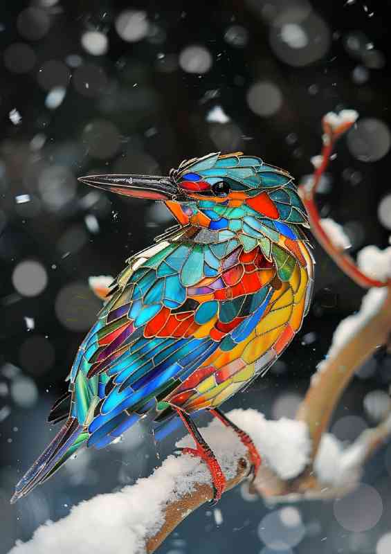 Kingfisher in winter stained glass perched | Poster