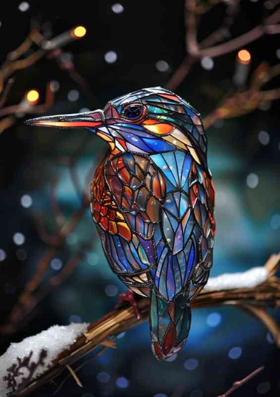 Kingfisher stained glass perched on icy tree | Canvas