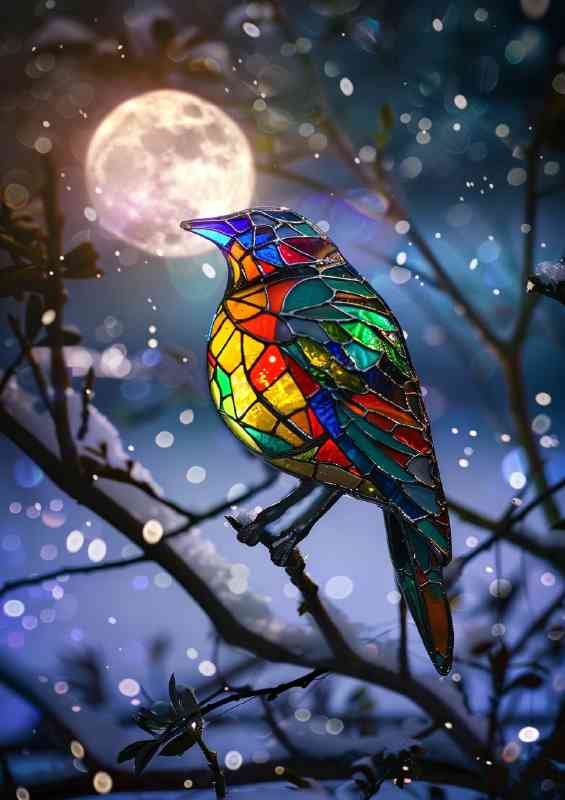 Stained glass bird full moon | Di-Bond