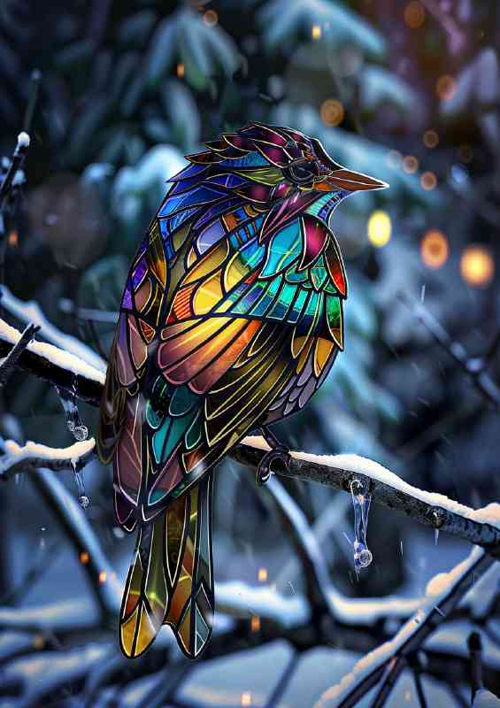 Stained glass bird in the snow | Metal Poster