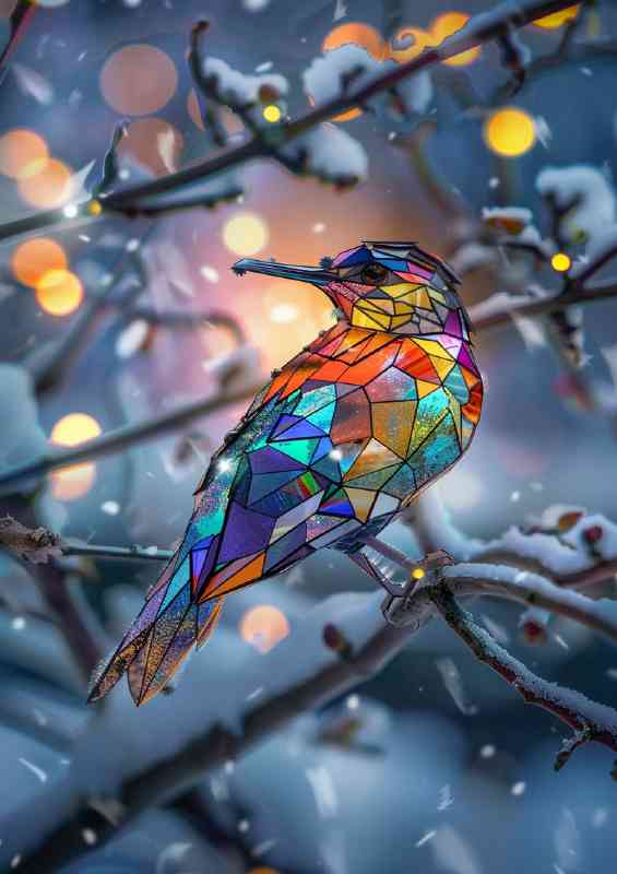 Stained glass bird sitting on a perch | Poster