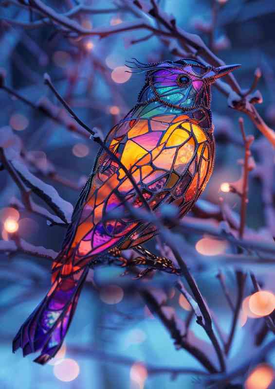Stained glass coulurful bird in winter | Metal Poster