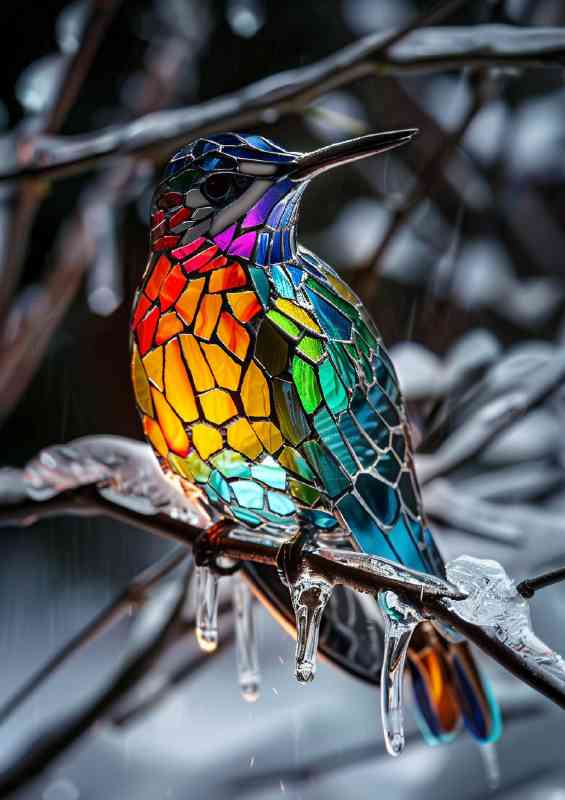 surreal stained glass bird on a icy tree | Poster
