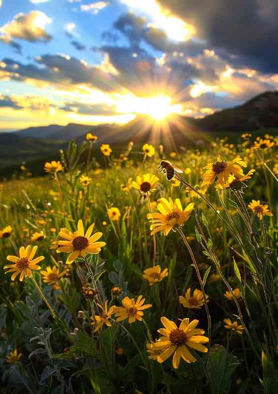 Bee on a yellow flowr in the sun | Metal Poster