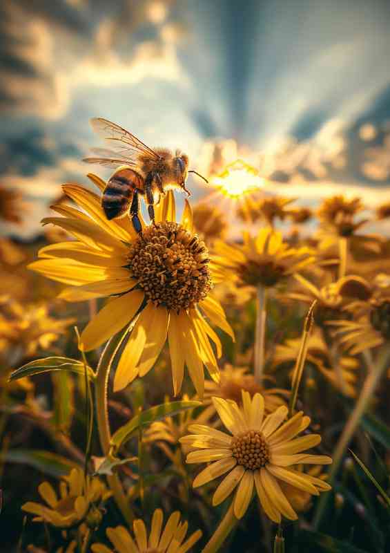 Bee on yellow flowers golden hour | Di-Bond