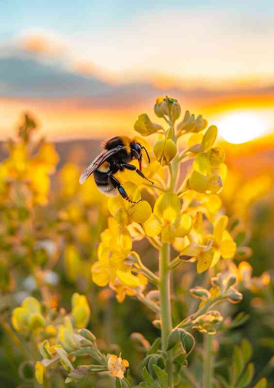 Bee sitting on top of the yellow flowers | Canvas