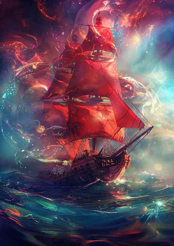 Majestic pirate ship with billowing red sails | Canvas