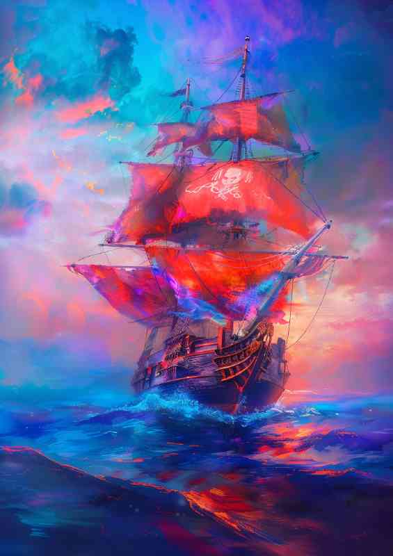 Majestic pirate ship with vibrant red sails sailing | Metal Poster