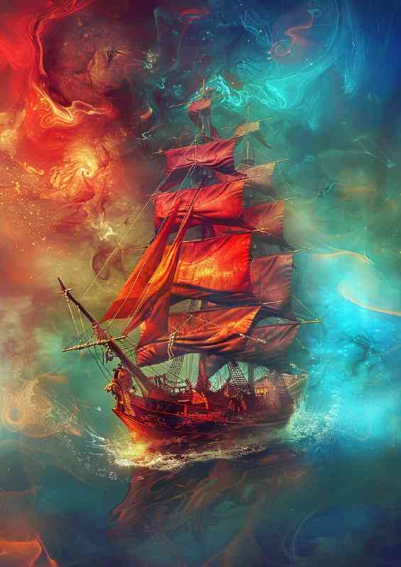 Pirate ship with bright red sails | Poster