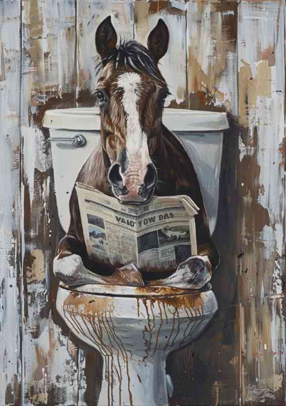 Brown horse reading news on toilet | Metal Poster