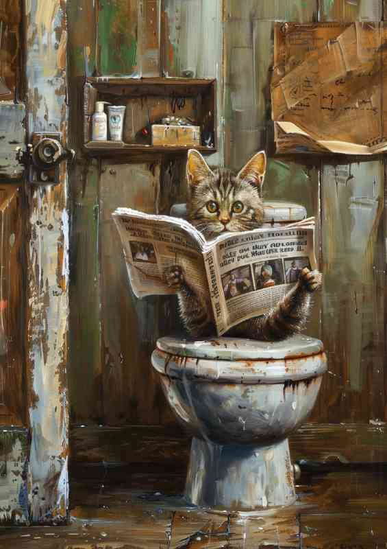 Cat reading newspaper on the toliet | Metal Poster
