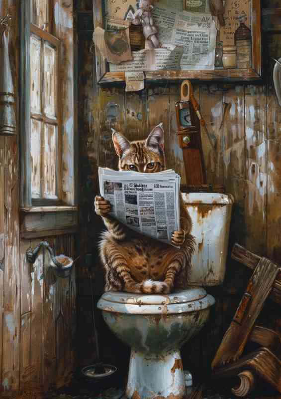 Cat tabby reading on toilet | Metal Poster