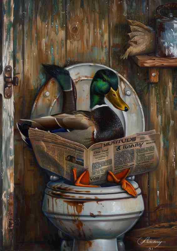 Duck sitting on the toilet | Metal Poster