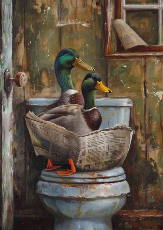 Ducks sitting on the toilet | Metal Poster