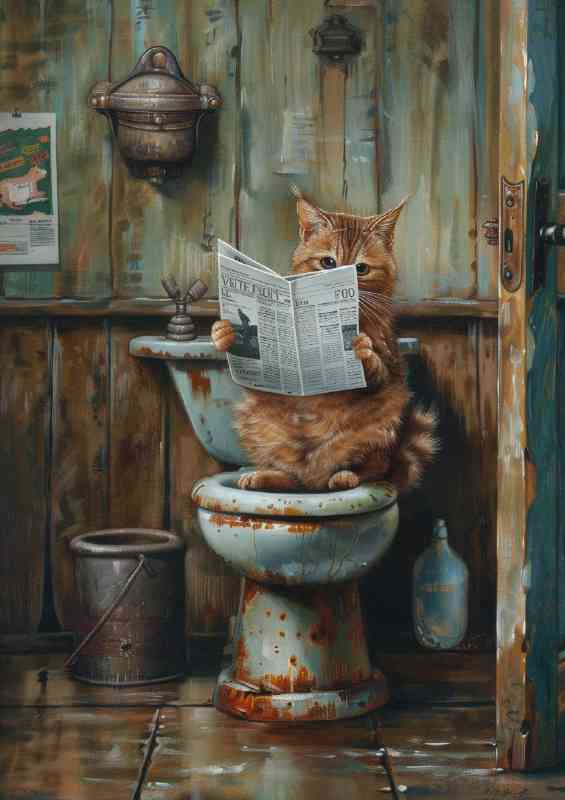 Ginger cat sitting on toilet reading | Poster