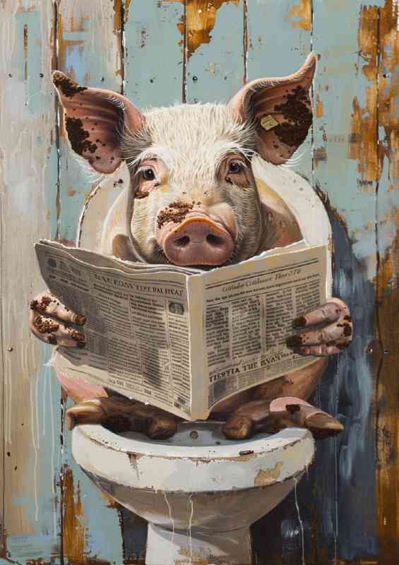 Pink pig sitting on the toilet reading news surreal | Canvas