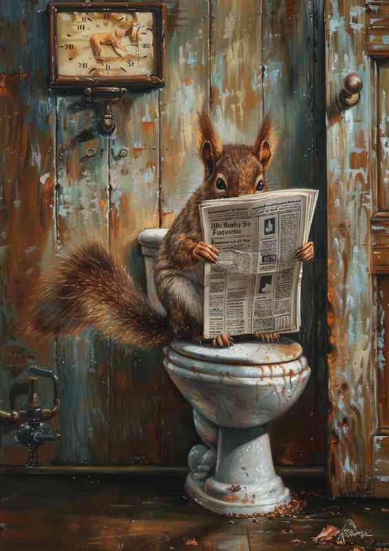 Squirrel on a old toilet reading | Metal Poster