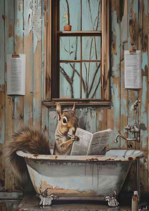 Squirrel taking a bath reading a paper | Metal Poster