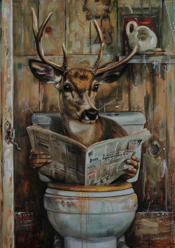 Stag with horns reading newspaper surreal | Metal Poster