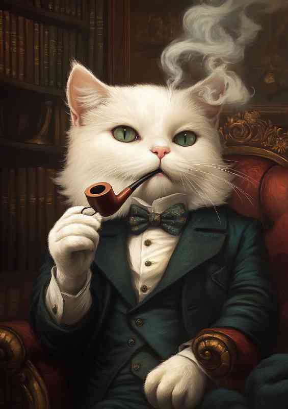 White cat in english suit with pipe | Metal Poster