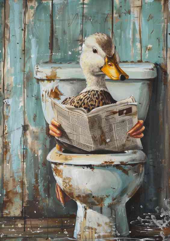 White duck sitting on the toilet reading | Metal Poster
