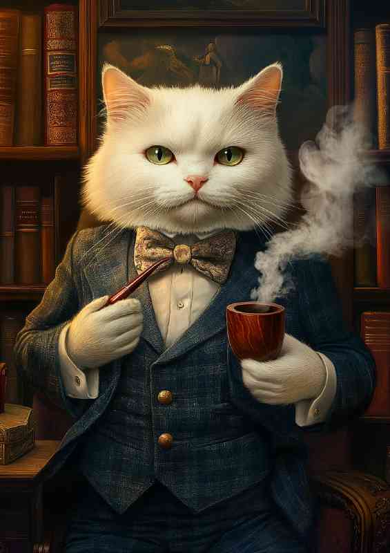 White fur cat in english suit surreal | Poster