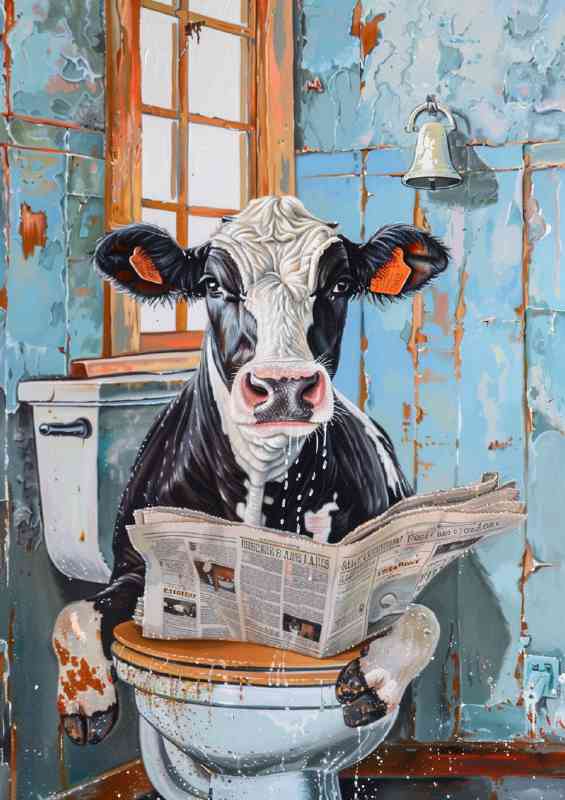 cow sitting on the toilet reading paper | Di-Bond