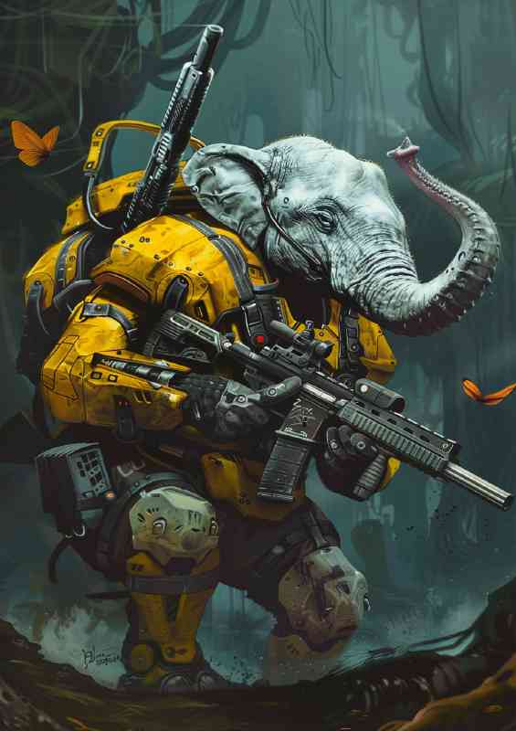 An elephant with yellow and black gear holding | Metal Poster