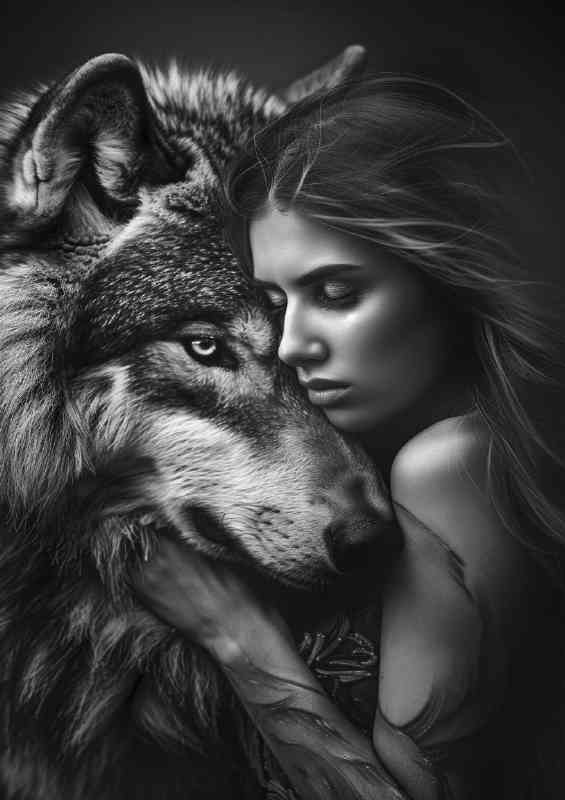Black and white photo of a beautiful woman and wolf | Canvas