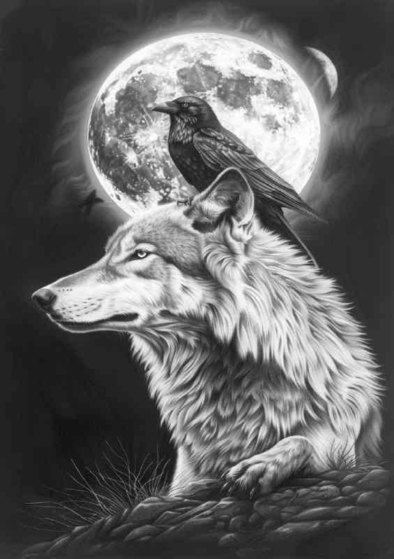 Black and white wolf and the crow full moon | Canvas