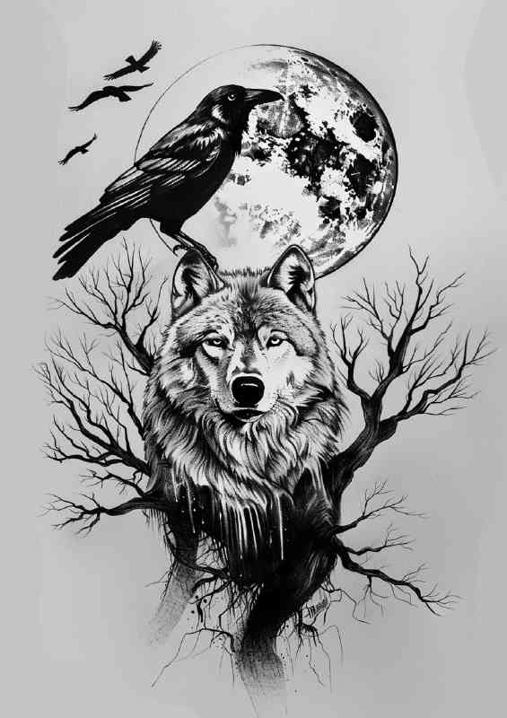 Black and white wolf crow and full moon | Poster
