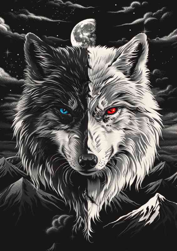 Black and white wolf with blue eyes next to gray fox | Metal Poster