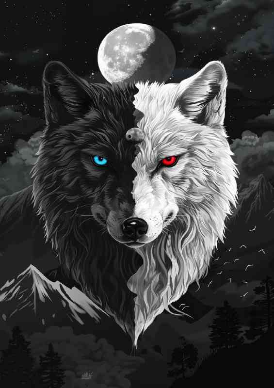 Black and white wolf with red and blue eyes | Di-Bond
