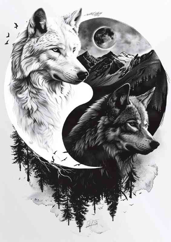 Black and white yin yang symbol with two wolves | Di-Bond