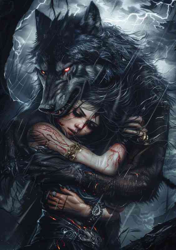 Black werewolf holding lady protection | Metal Poster