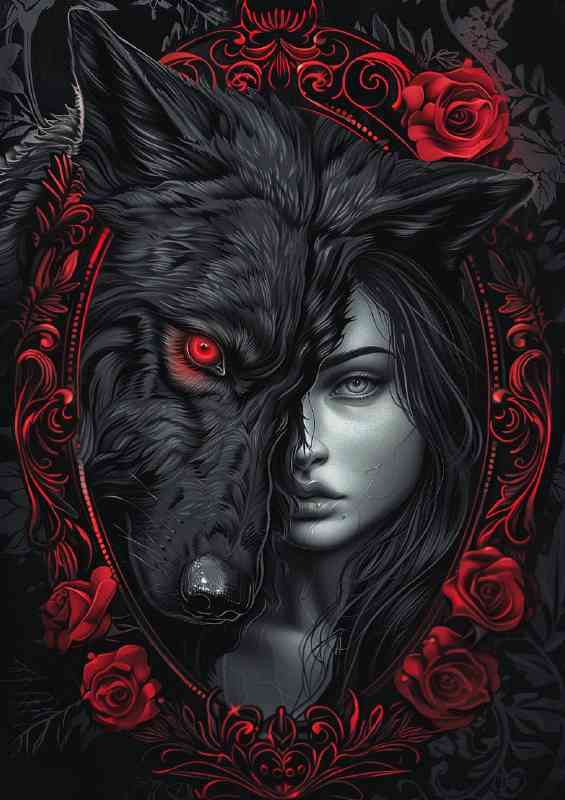 Black wolf and girl in mirror | Metal Poster