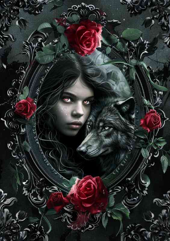Black wolf and lady surrounded by roses | Metal Poster