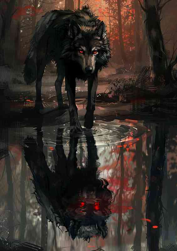 Black wolf red eyes reflection | Di-Bond