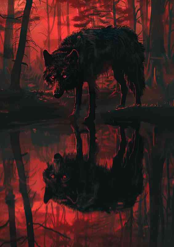Black wolf red night reflection | Metal Poster