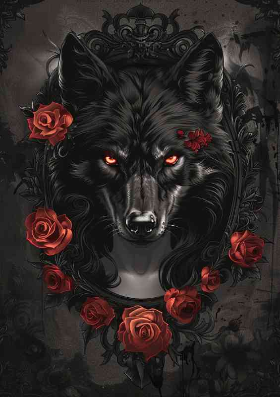 Black wolf surrounded by red roses | Poster