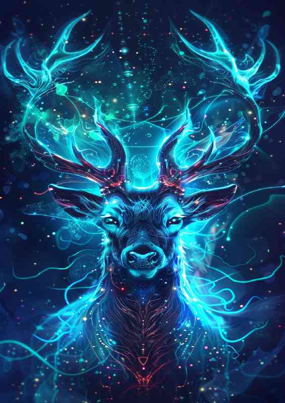 Elegant deer blue glowing eyes with antelers | Metal Poster