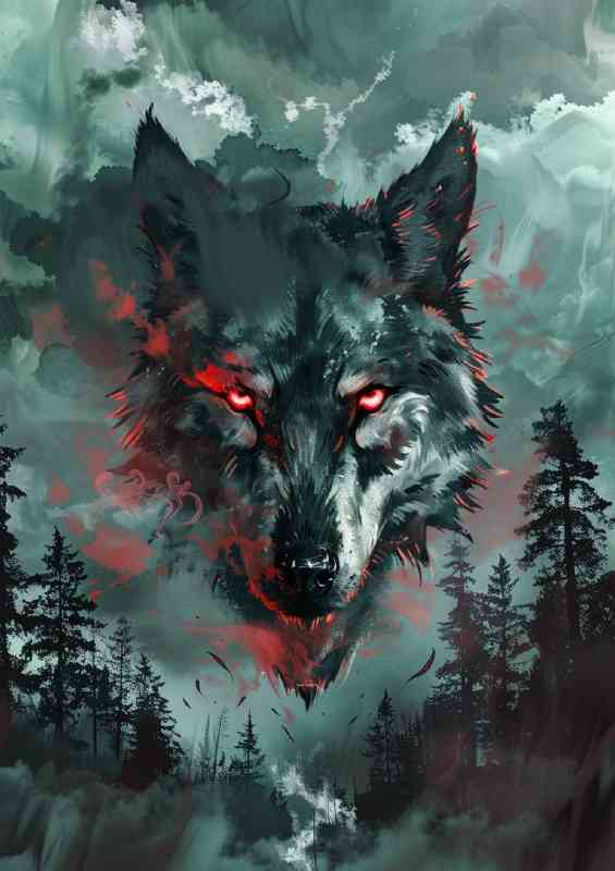 Fierce red eyes wold in forest background | Poster