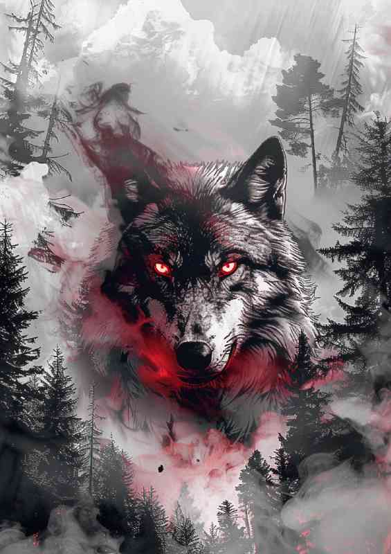 Fierce wolf red eyes smoke and clouds | Poster
