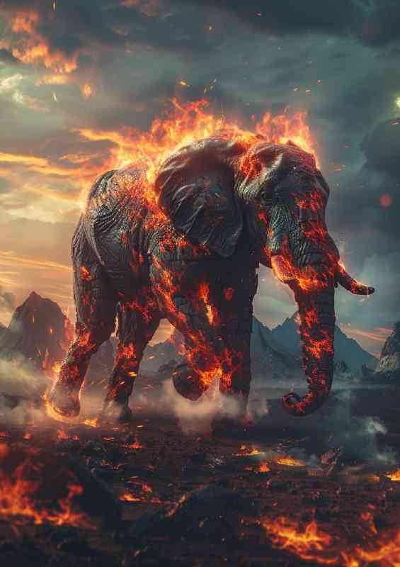 Giant elephant surrounded by fire | Metal Poster