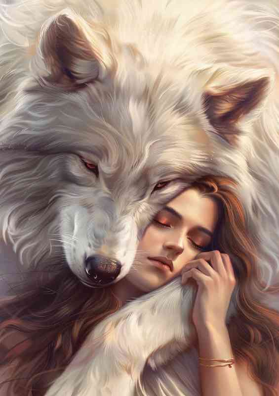 Girl hugs an enormous white wolf | Poster