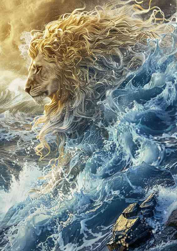 Lion crashing through the waves and rocks | Metal Poster