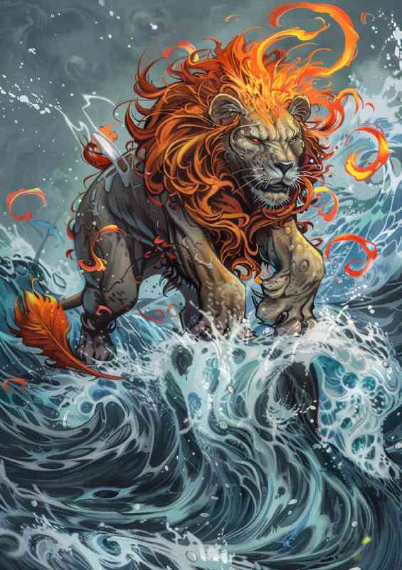 Lion with the firey red mane through water | Canvas
