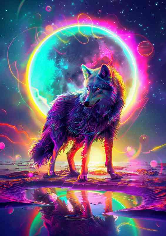 Mystical vibrant wolf with neon moon | Canvas